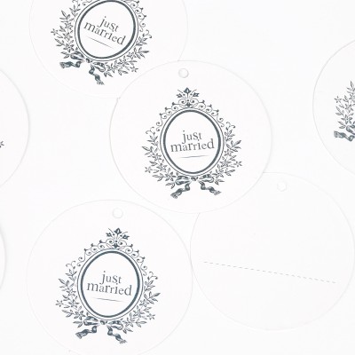 Etiquettes rondes Just Married (x10) blanc / argent