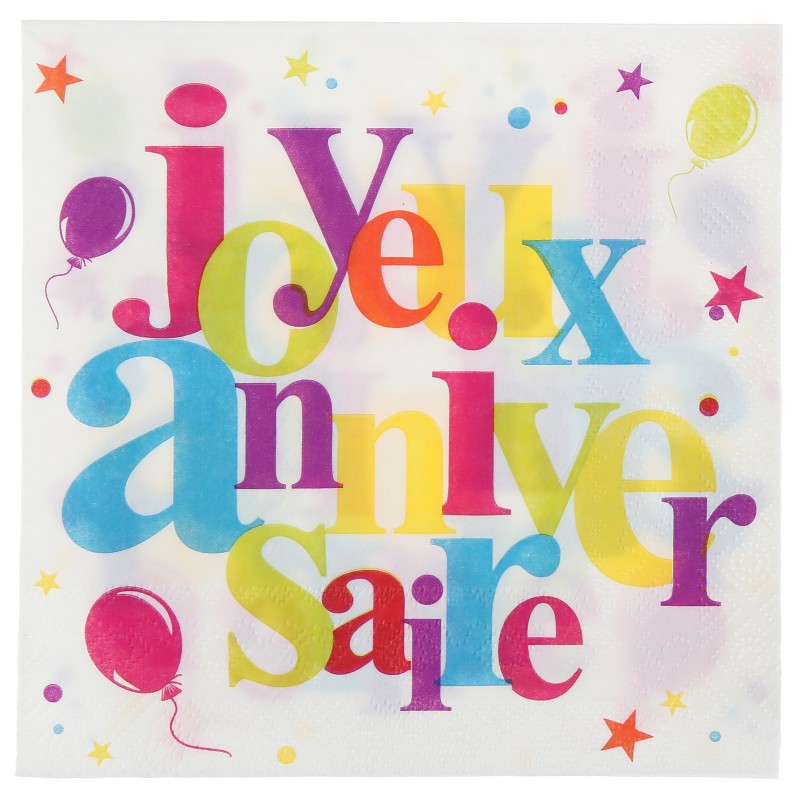 Serviettes 33x33 cm Joyeux Anniversaire multicolore x20