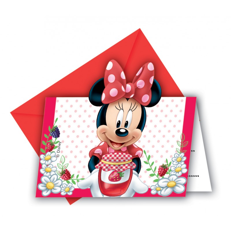 6 cartes invitations Minnie + enveloppes rouges 