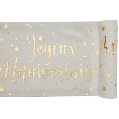 Chemin de table Joyeux Anniversaire Blanc et Or