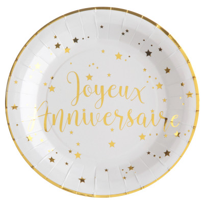 Assiettes Joyeux Anniversaire Blanc Et Or X10 Maplusbelledeco Com