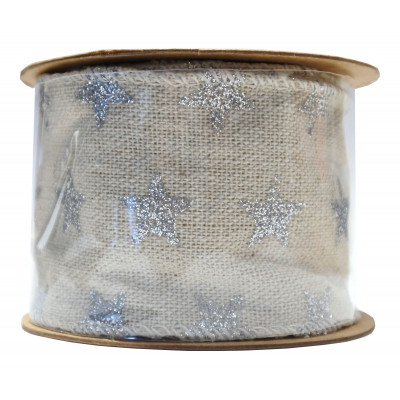 Ruban lin motif étoiles argentées 5 cm x 3 m
