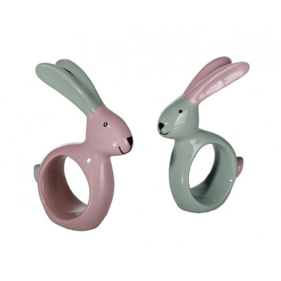 Anneau de serviette lapin rose et gris en céramique