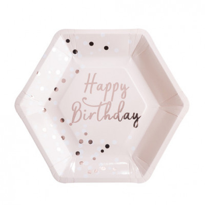 Assiette Happy Birthday rose gold x8