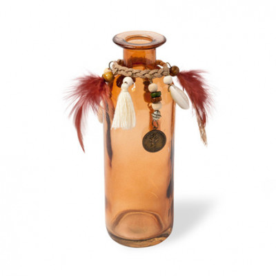 Vase en verre taupe et plumes