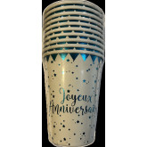 Gobelet Joyeux Anniversaire Blanc et Bleu métallic (x10)